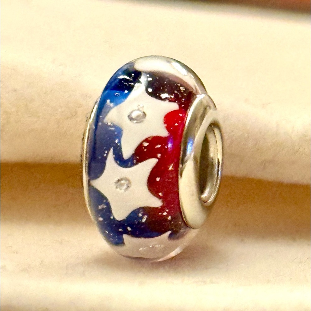 Blue and red white Stars Murano Charm fit Pandora bracelets